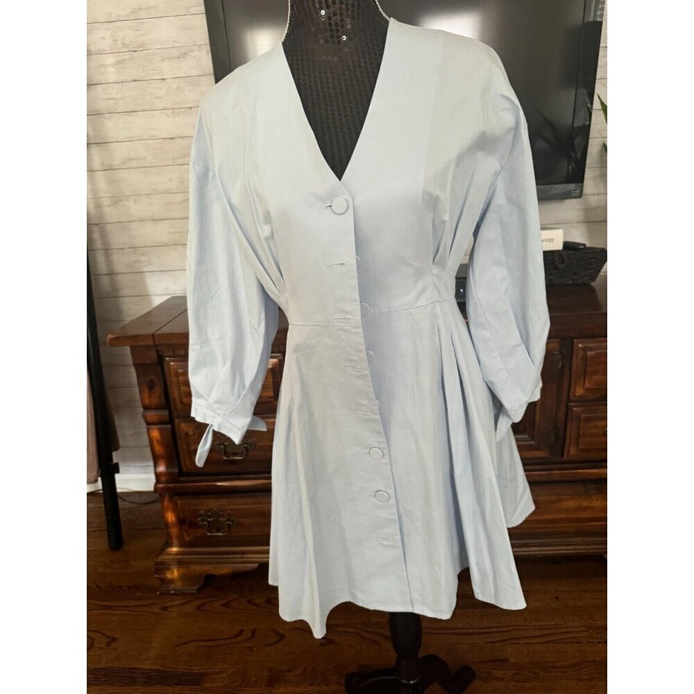 New En saison Light Blue Puff Sleeve Button Up Mini Shirt Dress Womens Size S